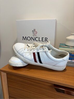Moncler White Leather Men's Low-Top Sneakers with Red & Navy Stripe